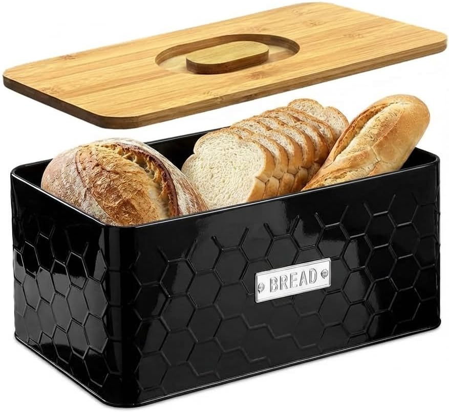 vensovo Bread Box for Countertop – Large White Metal Bread Bin with Bamboo Cutting Board Lid, Farmhouse Bread Storage Container for Homemade Bread, Baked Goods & Kitchen Counter Organization