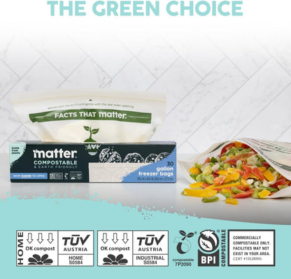 Matter Compostable Assorted Kitchen Bags, 230 Count, Biodegradable, Eco-Friendly Resealable Food Storage Variety Pack, 80 Snack, 80 Sandwich, 50 Quart & 20 Gallon