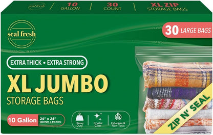 Seal Fresh 3 Gallon Large Plastic Storage Bags – 16" x 18" (15 Count) – Reusable XXL Extra Large Clear Jumbo Zip Bags with Sealable Zipper Top For Clothes, Travel, Moving