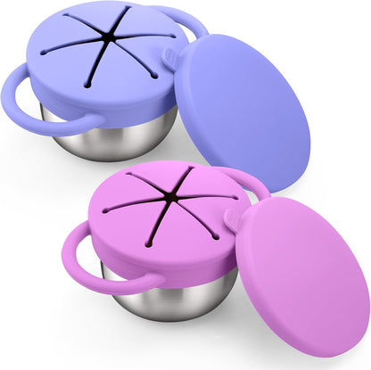 BUSOHA 2 Pack Stainless Steel Toddler Snack Cups - 9 OZ Spill-Proof Baby Snack Containers with Silicone Catcher and Lid Travel Snack Containers for Kids Food Grade Silicone Dishwasher Safe