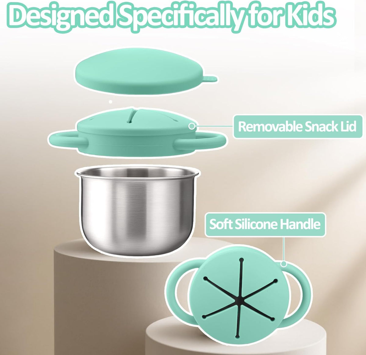 BUSOHA 2 Pack Stainless Steel Toddler Snack Cups - 9 OZ Spill-Proof Baby Snack Containers with Silicone Catcher and Lid Travel Snack Containers for Kids Food Grade Silicone Dishwasher Safe