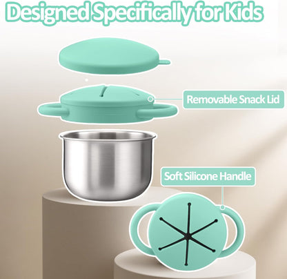 BUSOHA 2 Pack Stainless Steel Toddler Snack Cups - 9 OZ Spill-Proof Baby Snack Containers with Silicone Catcher and Lid Travel Snack Containers for Kids Food Grade Silicone Dishwasher Safe