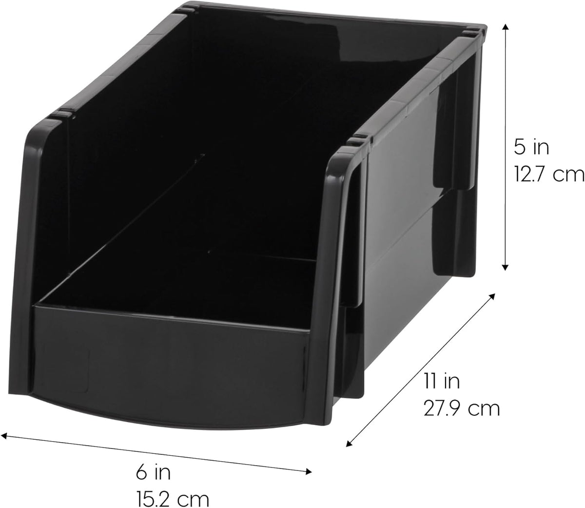 IRIS USA Medium Stackable Storage Bins, 11" L x 6" W x 5" H |Made in USA| Plastic Open Front Shelf Bin for Organizing Parts, Hardware, Tools, Supplies, Garage Shelf, Pantry - Black