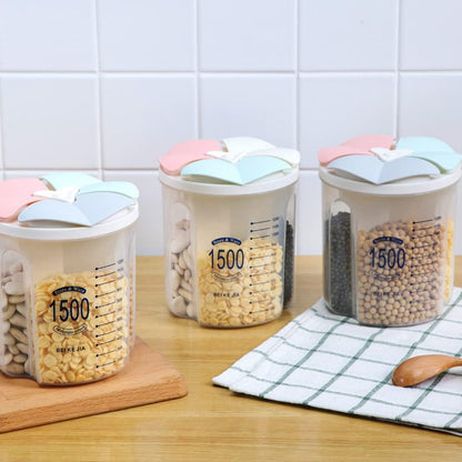 Airtight Kitchen Food Storage Container, Leak-Proof BPA Free Plastic Plastic Dry Cereal Dispensers Containers with Durable Lids for Flour, Sugar, Rice (1500ml-3 Grid)