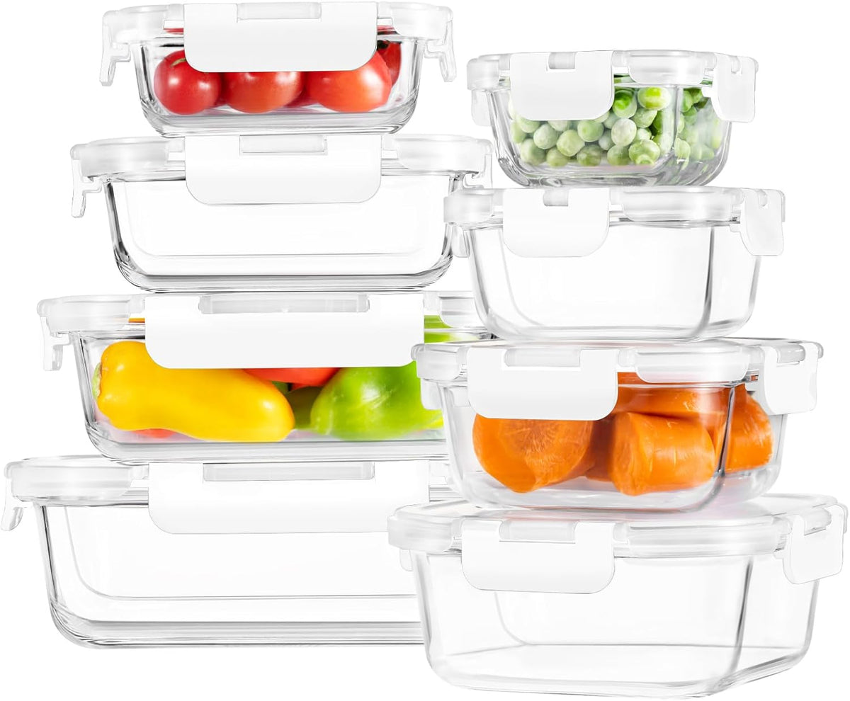 8 Pack Borosilicate Glass Food Storage Containers with Lids, Glass Meal Prep Containers, Airtight Bento Lunch Boxes with Snap Locks, Oven, Freezer and Dishwasher Safe, BPA Free, Kitchen Storage Set