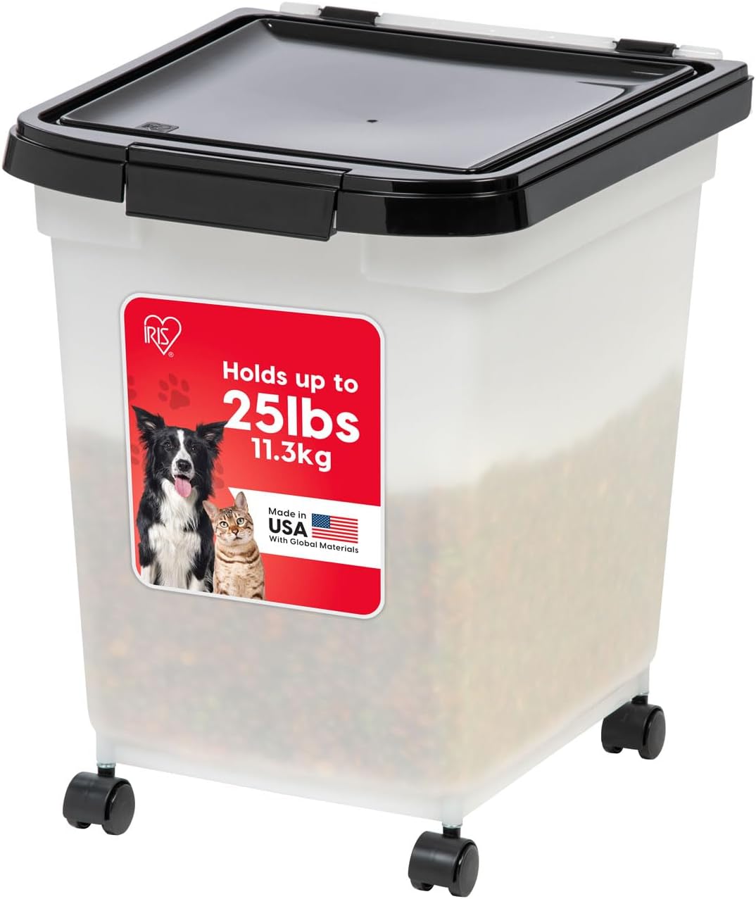 IRIS USA Airtight Dog Food Storage Container, WeatherPro, Up to 50 lbs, Removable Wheels, for Dog Cat Bird and Other Pet Food Storage Bin, Keep Fresh, Translucent Body, Made in USA, Clear/Gray