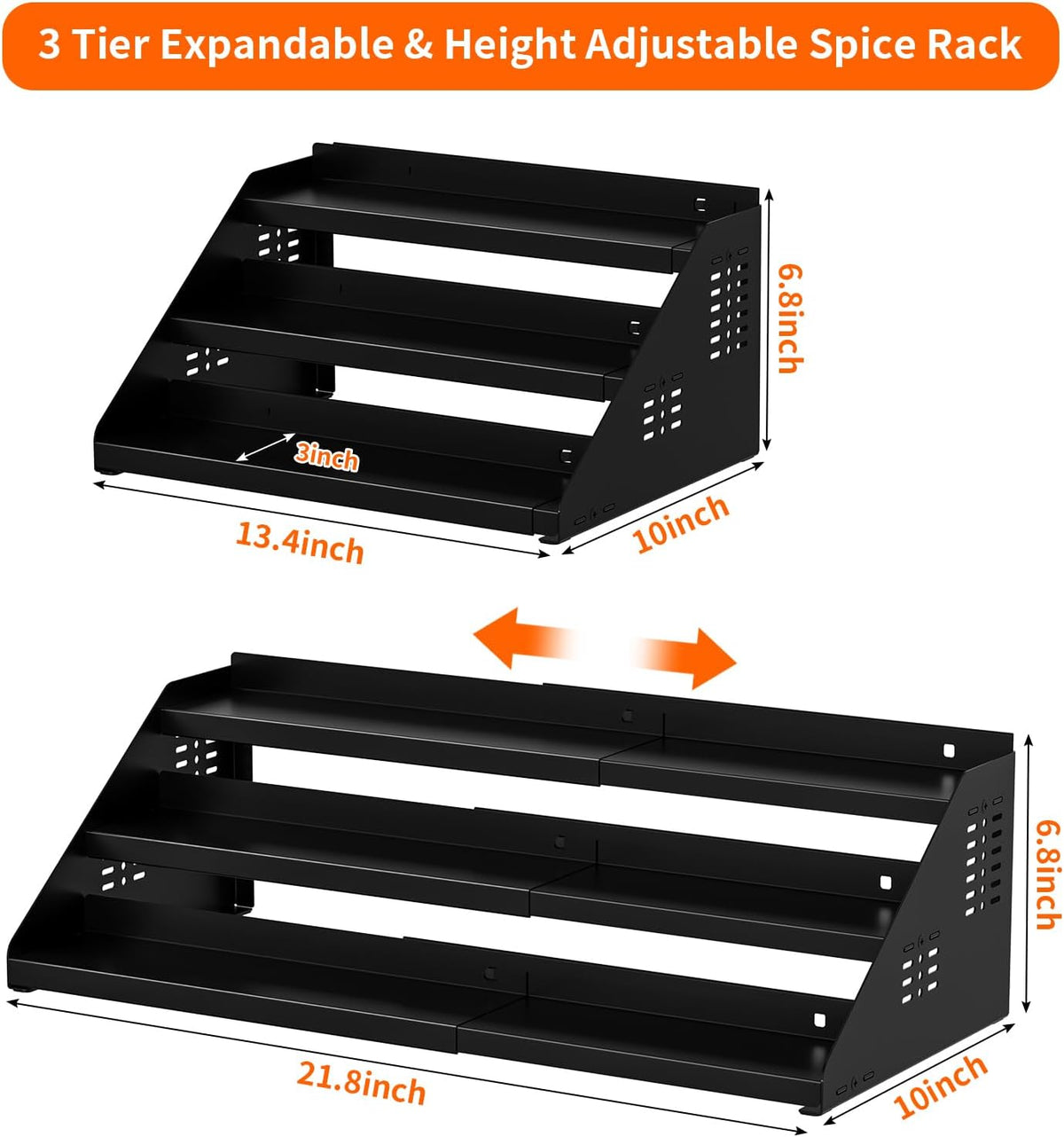 RCHYFEED Spice Rack Organizer for Cabinet, 3 Tier Spice Rack Expandable(13.4"-21.8"), Height Adjustable Spice Organization Shelf Metal Display Shelf, Spice Organization for Cabinet Countertop Pantry