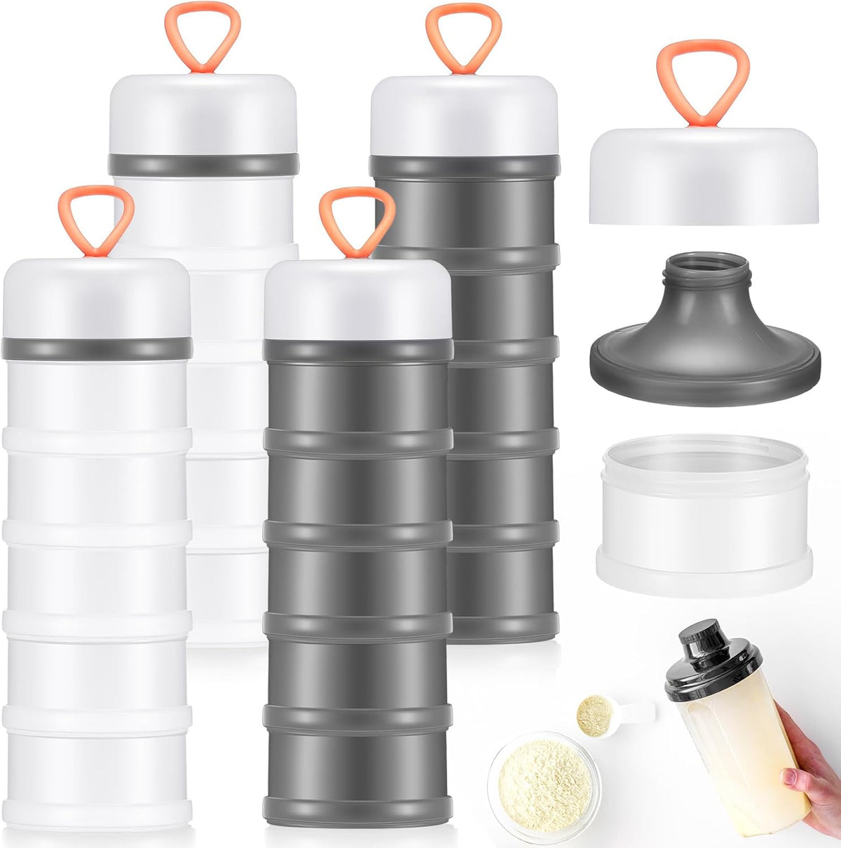 Baderke 4 Pcs Protein Powder Container 5 Layers Stackable Leakproof Container Powder Dispenser with Funnels Stand Keychain Flour Canister for Workout Fitness(Gray, White)