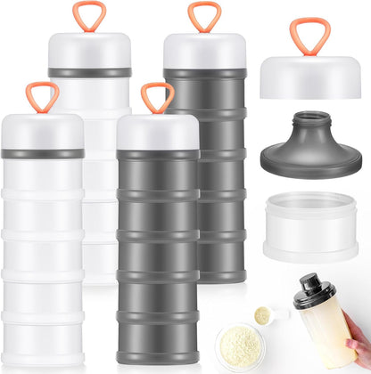 Baderke 4 Pcs Protein Powder Container 5 Layers Stackable Leakproof Container Powder Dispenser with Funnels Stand Keychain Flour Canister for Workout Fitness(Gray, White)
