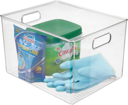 mDesign Plastic Deep Kitchen and Pantry Organizer Storage Bin with Handles for Cabinet, Fridge, Freezer - Food Storage Containers for Snacks, Yogurt Pouches or Fruit, Ligne Collection, 4 Pack, Clear