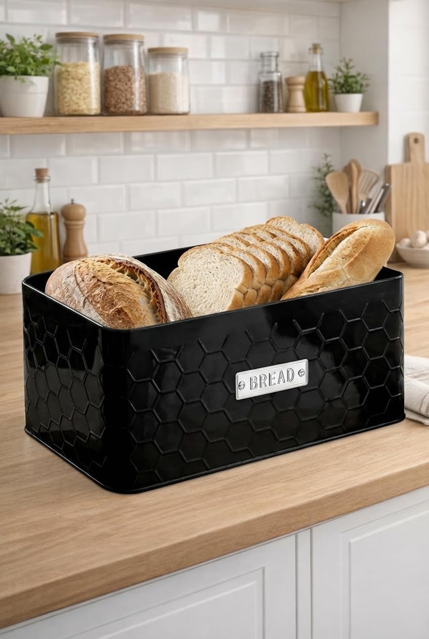 vensovo Bread Box for Countertop – Large White Metal Bread Bin with Bamboo Cutting Board Lid, Farmhouse Bread Storage Container for Homemade Bread, Baked Goods & Kitchen Counter Organization