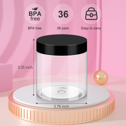 Loretoy 36 Pack 2 OZ Plastic Jars with Lids, BPA Free, Reusable, Refillable Transparent Cosmetic Containers for Bath Salts, Cosmetics, Powders, Beauty Product and Small Accessories