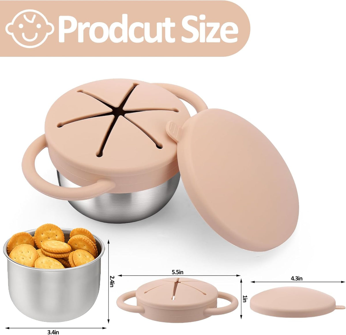 BUSOHA 2 Pack Stainless Steel Toddler Snack Cups - 9 OZ Spill-Proof Baby Snack Containers with Silicone Catcher and Lid Travel Snack Containers for Kids Food Grade Silicone Dishwasher Safe