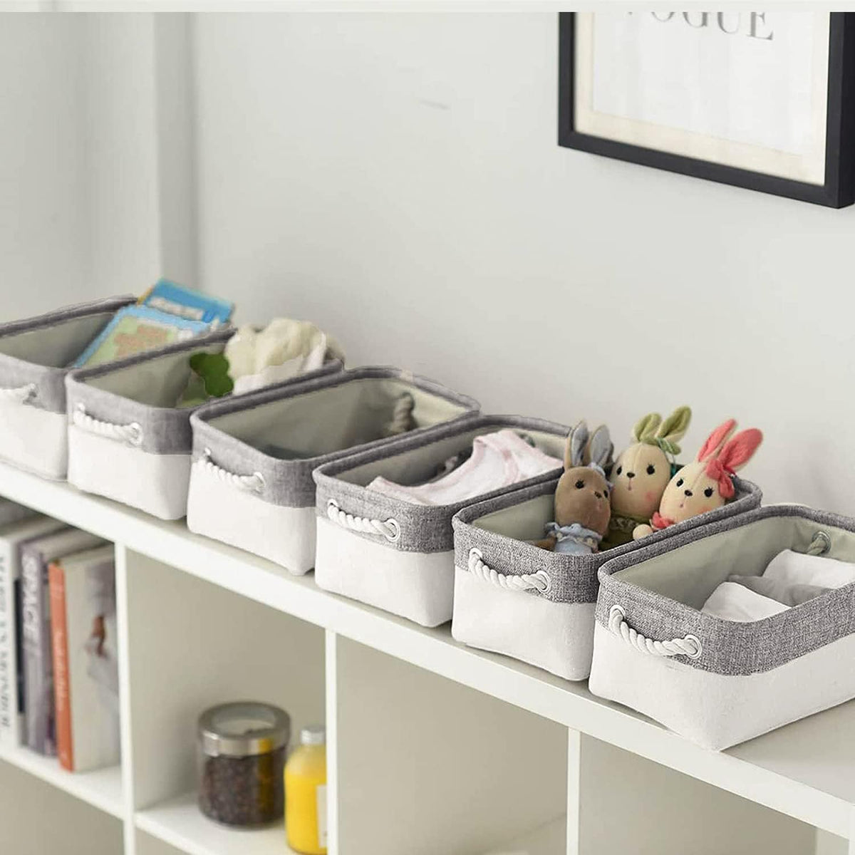 Fabric Storage Bins 12x8x5 inch [6-Pack] with Rope Handles - Decorative Baskets for Organizing
