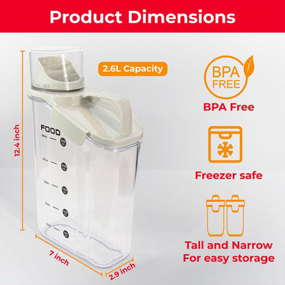 Two Pack Food & Cereal Storage Container - 2.6L Airtight Plastic Kitchen Organizer Bin with Pouring Spout, Measuring Cup Lid, Ideal for Dry Food, Rice, Sugar, Pet Food dispenser - BPA free