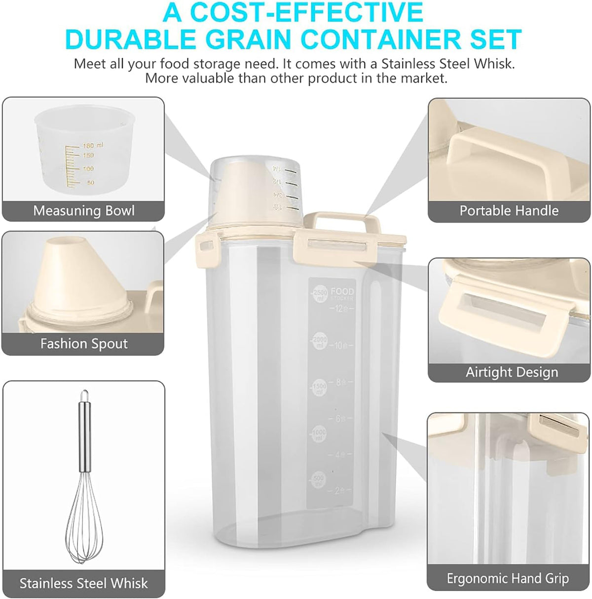 Uppetly Rice Airtight Dry Food Storage Containers, BPA Free Plastic Storage Bin Dispenser with Pourable Spout, Measuring cup for Cereal, Flour and Baking Supplies, Include a Stainless Steel Whisk