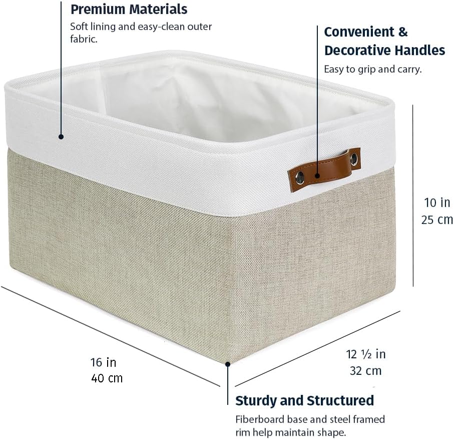 OrganiHaus 12x8in Canvas Storage Baskets 3 Pack | SMALL Fabric Bins for Shelves | Pantry & Bathroom Organizer | Beige/Off-White