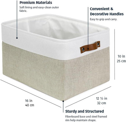 OrganiHaus 12x8in Canvas Storage Baskets 3 Pack | SMALL Fabric Bins for Shelves | Pantry & Bathroom Organizer | Beige/Off-White