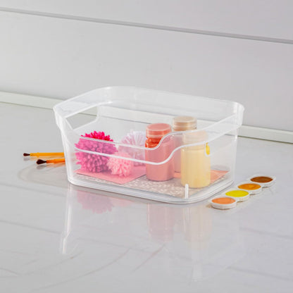 Sterilite 7 x 11 x 14.25 Inch Polished Open Scoop Front Storage Bin with Comfortable Carry Through Handles for Household Organization, Clear