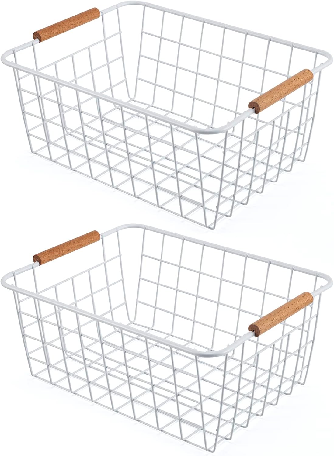 Black Wire Storage Baskets with Wooden Handles - Organizing Pantry and Kitchen Cabinets - Metal Wire Food Storage Basket