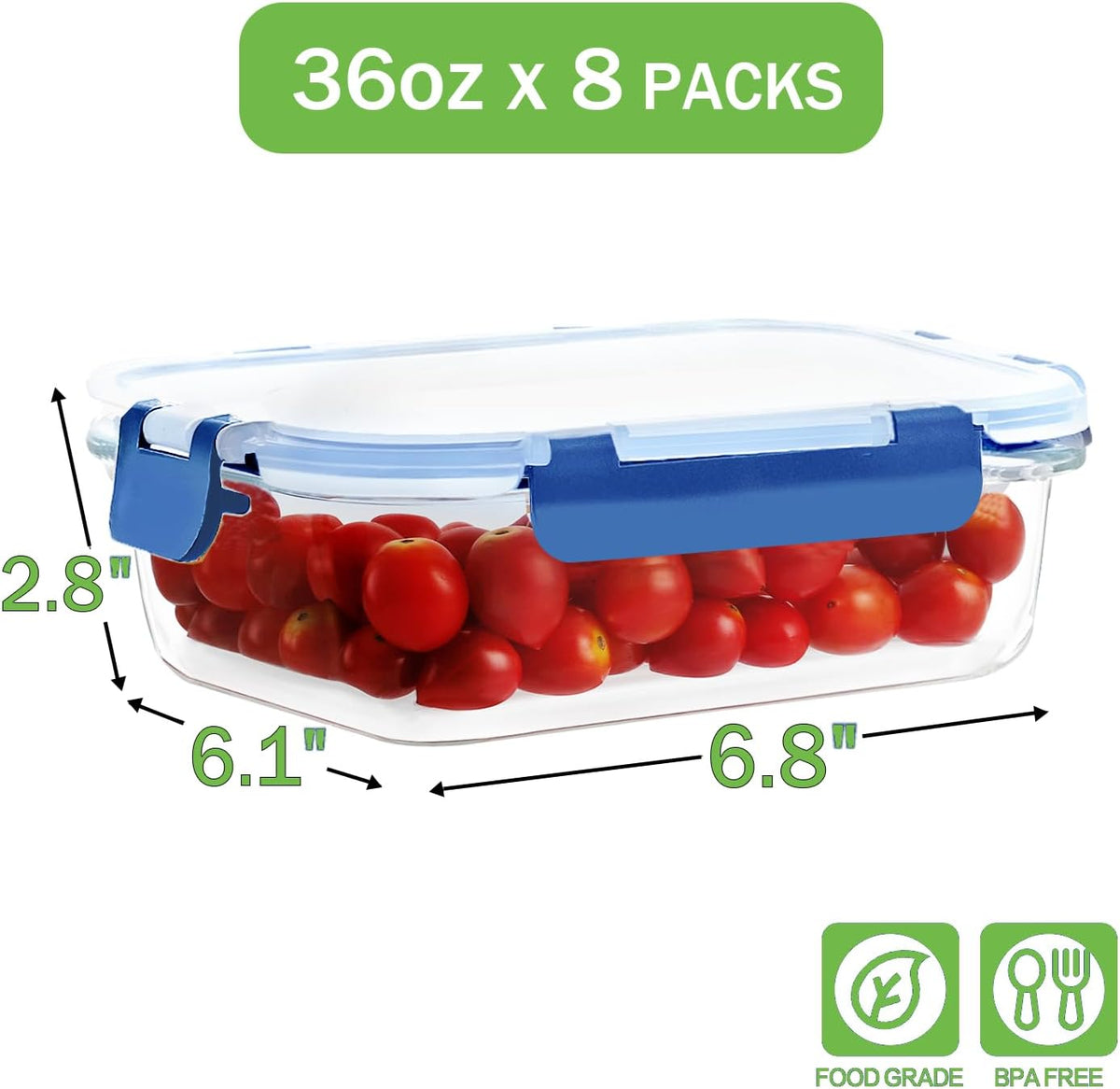36oz Large Glass Meal Prep Containers with lids, Glass Food Storage Containers with Leak Proof Snap Lock Lids, Airtight Bento lunch Boxes, Kitchen Storage, Oven, Freezer and Dishwasher Safe