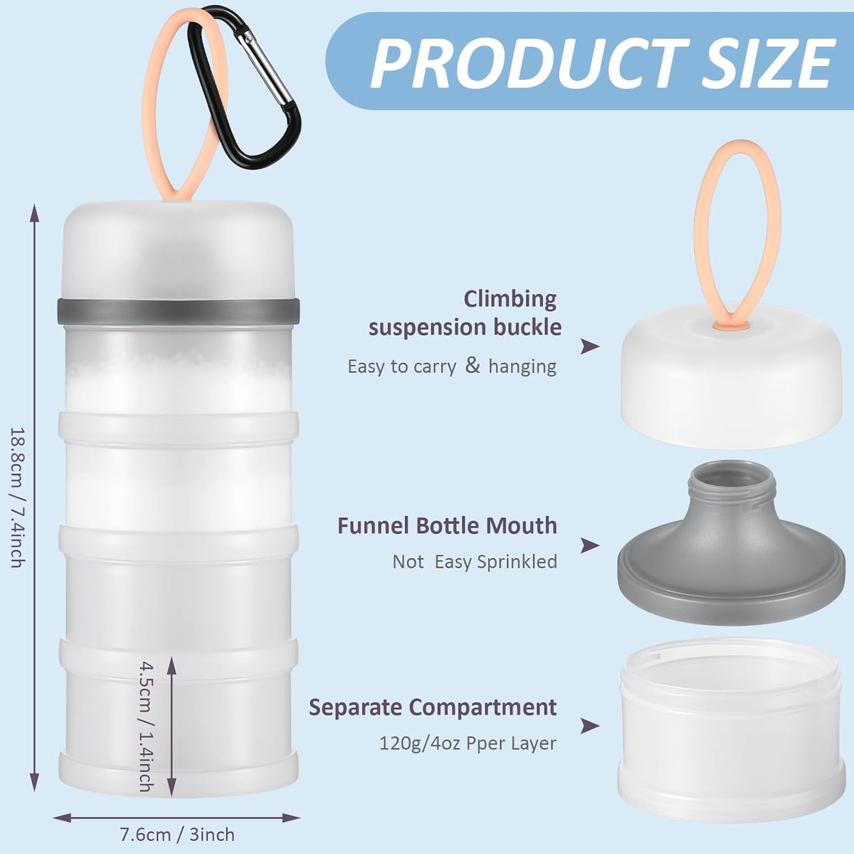Baderke 2 Pcs Protein Powder Container with Funnels Stand, 4 Stackable Leakproof Protein Powder Dispenser, Portable Keychain Powder Container for Workout, Fitness, Travel(Gray, White)