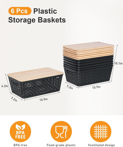 Small Storage Bins with Lids 6 Packs, Plastic Storage Basket with Bamboo Lid for Pantry Organization and Storage Containers for Shelves Drawers Desktop Closet Playroom Office Home, White