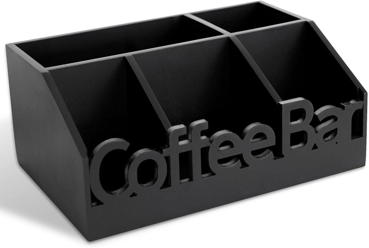 Coffee Bar Organizer for Countertop – Wooden Coffee Caddy with Compartments for Pods, Sugar Packets, and Accessories – Coffee Condiment Station Storage for Home and Office (Black)