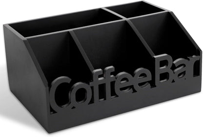 Coffee Bar Organizer for Countertop – Wooden Coffee Caddy with Compartments for Pods, Sugar Packets, and Accessories – Coffee Condiment Station Storage for Home and Office (Black)