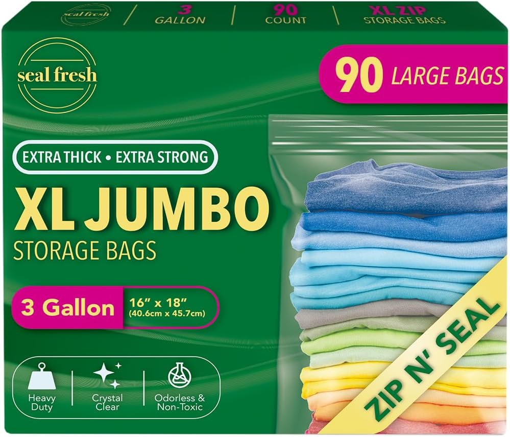 Seal Fresh 3 Gallon Large Plastic Storage Bags – 16" x 18" (15 Count) – Reusable XXL Extra Large Clear Jumbo Zip Bags with Sealable Zipper Top For Clothes, Travel, Moving