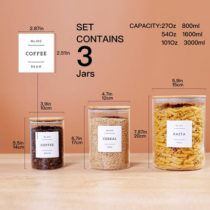 Borosilicate Glass Storage Jars with Bamboo Lids + 132 Pre-Printed Pantry Labels Included, BPA-Free Thicken Airtight Containers for Flour, Sugar, Rice, Microwave & Freezer Safe(100OZ/54OZ/27OZ)