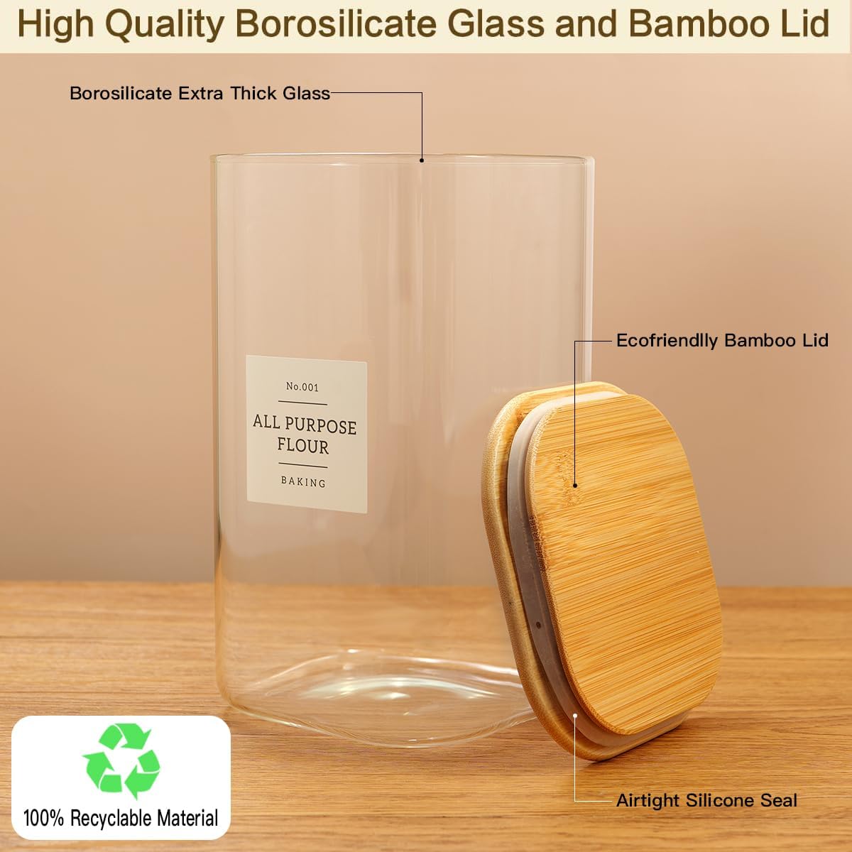 HHMJSM Large Glass Storage Jars With Airtight Bamboo Lid - 100 Fl Oz Thicken Kitchen Glass Food Storage Canister With 42 Pantry Labels - Big Clear Flour And Sugar Containers Farmhouse