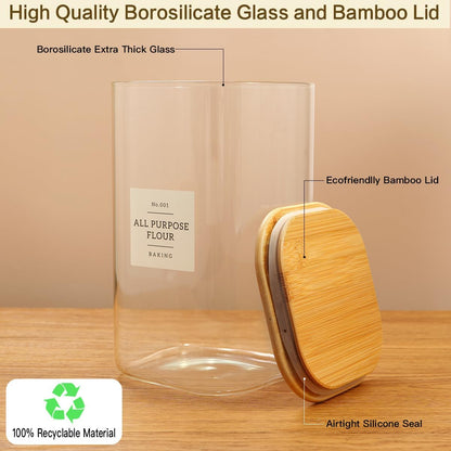 HHMJSM Large Glass Storage Jars With Airtight Bamboo Lid - 100 Fl Oz Thicken Kitchen Glass Food Storage Canister With 42 Pantry Labels - Big Clear Flour And Sugar Containers Farmhouse