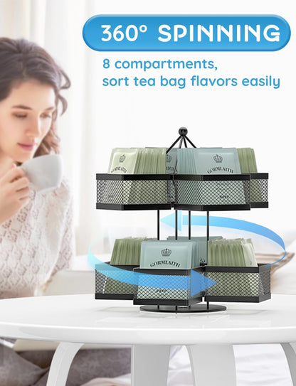 Tea Bag Organizer, Tea Bag Storage Holder Spinning Carousel 96 Teabags Container, Lazy Susan Coffee Creamer Sweetener Tea Caddy for Kitchen Counter Cabinet Pantry Shelf Organizer