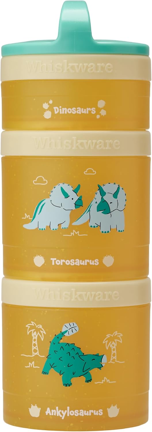 Whiskware Dinosaur Stackable Snack Containers for Kids and Toddlers, 3 Stackable Snack Cups for School and Travel, Green/Orange