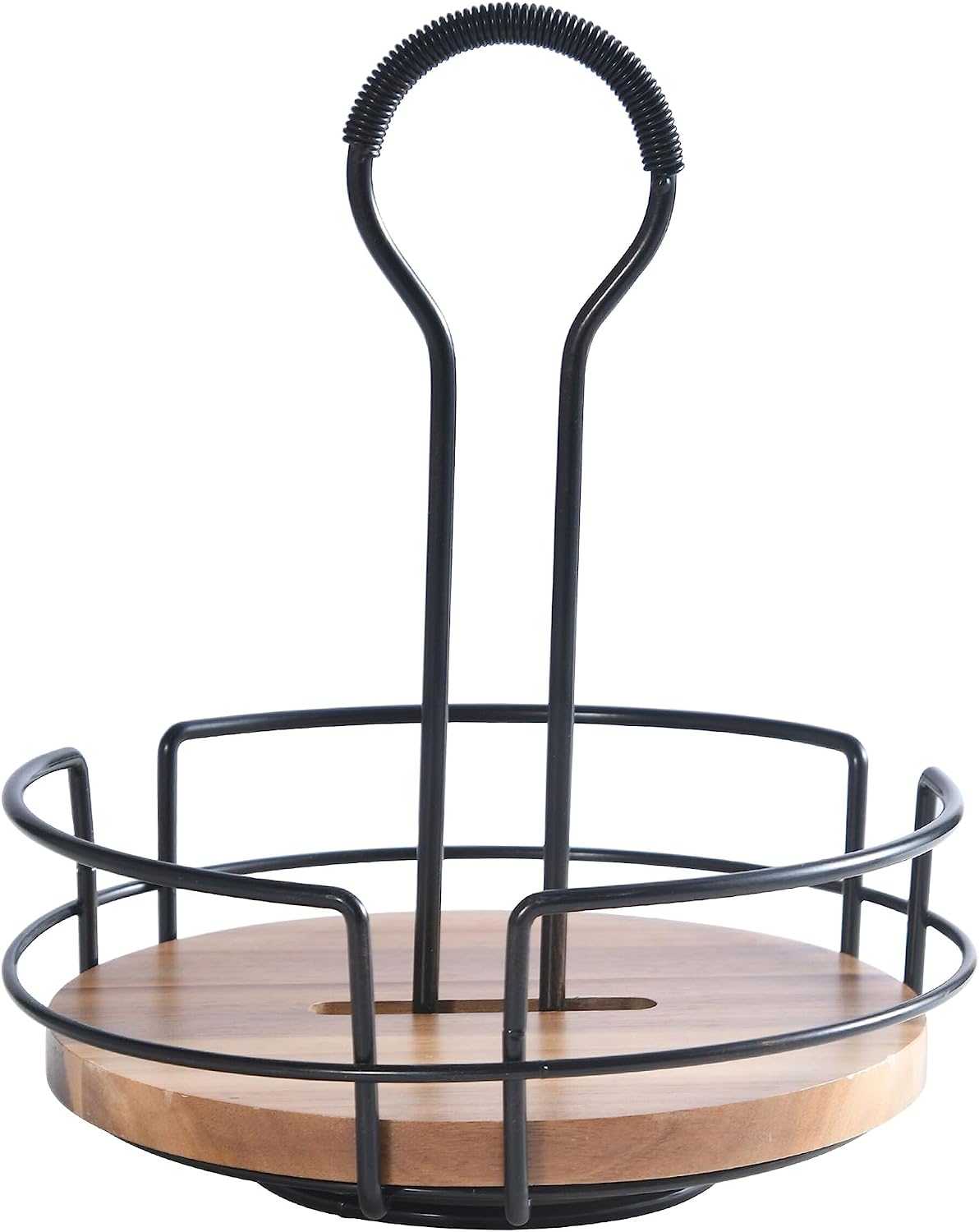 Gourmet Basics by Mikasa Nova Rotating Condiment Caddy, Handcrafted Iron and Acacia Wood Table Organizer with Spinning Platform and Carrying Handle, Contemporary Black Finish, 8.75 x 7 x 9.25 Inches