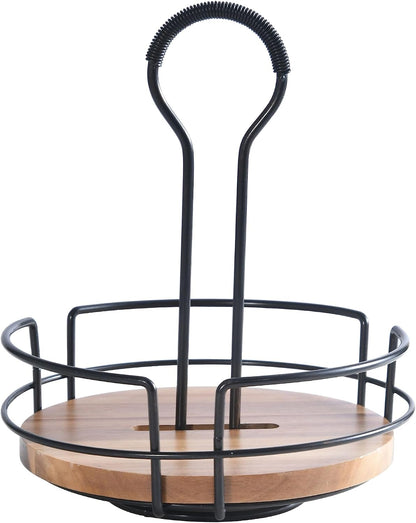 Gourmet Basics by Mikasa Nova Rotating Condiment Caddy, Handcrafted Iron and Acacia Wood Table Organizer with Spinning Platform and Carrying Handle, Contemporary Black Finish, 8.75 x 7 x 9.25 Inches