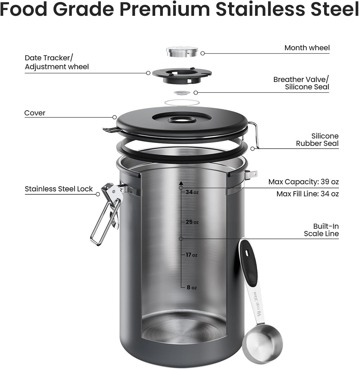 Veken Coffee Canister, 39OZ Large, Mothers Day Gifts For Women, Airtight Stainless Steel Food Storage Container for 2.2lbs Coffee Beans, Ground, Sugar, Tea, Flour, Cereal,Kitchen Bar Accessories,Cream