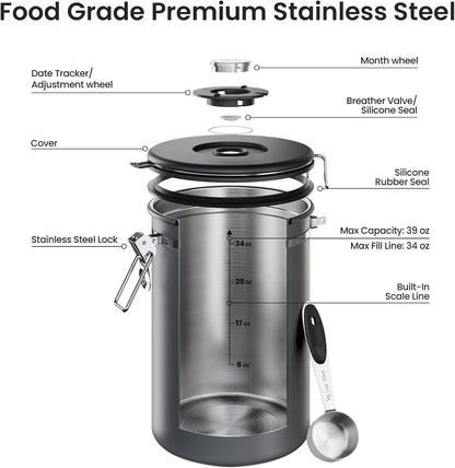 Veken Coffee Canister, 39OZ Large, Mothers Day Gifts For Women, Airtight Stainless Steel Food Storage Container for 2.2lbs Coffee Beans, Ground, Sugar, Tea, Flour, Cereal,Kitchen Bar Accessories,Cream