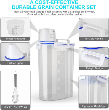 Uppetly Rice Airtight Dry Food Storage Containers, BPA Free Plastic Storage Bin Dispenser with Pourable Spout, Measuring cup for Cereal, Flour and Baking Supplies, Include a Stainless Steel Whisk