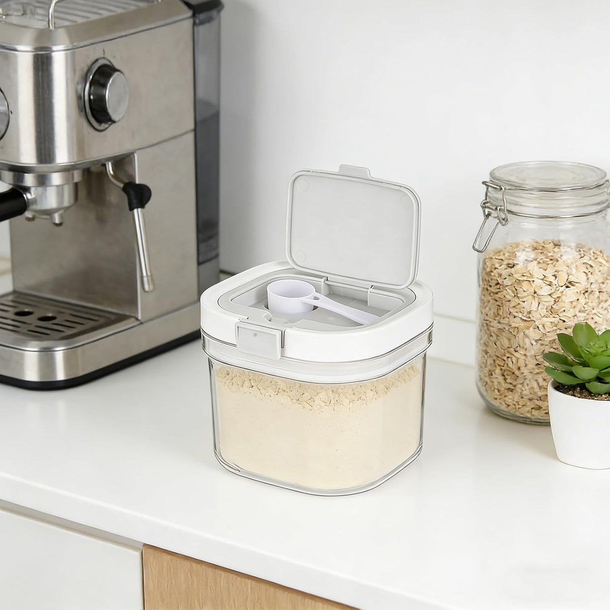 FMOACEN 27 oz Protein Powder Container with Measuring Spoon Airtight Protein Container Moisture-Proof Food Storage Canister for Coffee Sugar Flour Cereal and Dry Foods, Stackable and Easy to Clean
