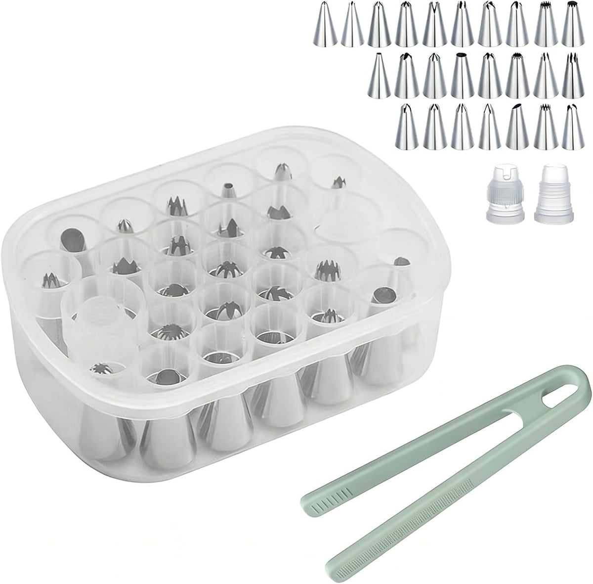 Cake Decorating Supplies Set - 27 Grids Storage Box with 25 Stainless Steel Piping Tips, 2 Adapters & Silicone Mini Tongs | Complete Baking Nozzle Organizer Kit