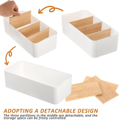 2 Pcs Seasoning Packet Organizer, Plastic Food Storage Organizer Box with 3 Detachable Bamboo Wood Dividers Snacks Spice Packets Holder Bin for Kitchen Pantry Cabinet Drawer, White