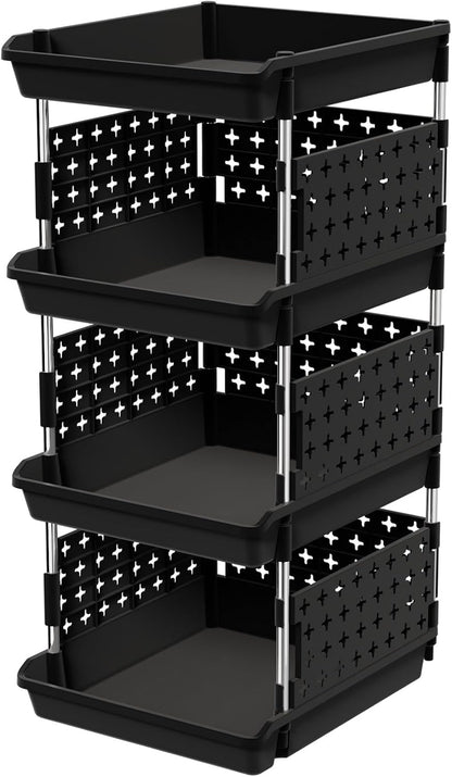 Lifewit Plastic Stackable Storage Baskets, 4 Tier Stacking Bins for Food and Clothes, Multifunctional Organizer for RV, Kitchen, Playroom, Pantry and Bathroom, 13.8"D x 11.8"W x 28.3"H, 1 Pack, White