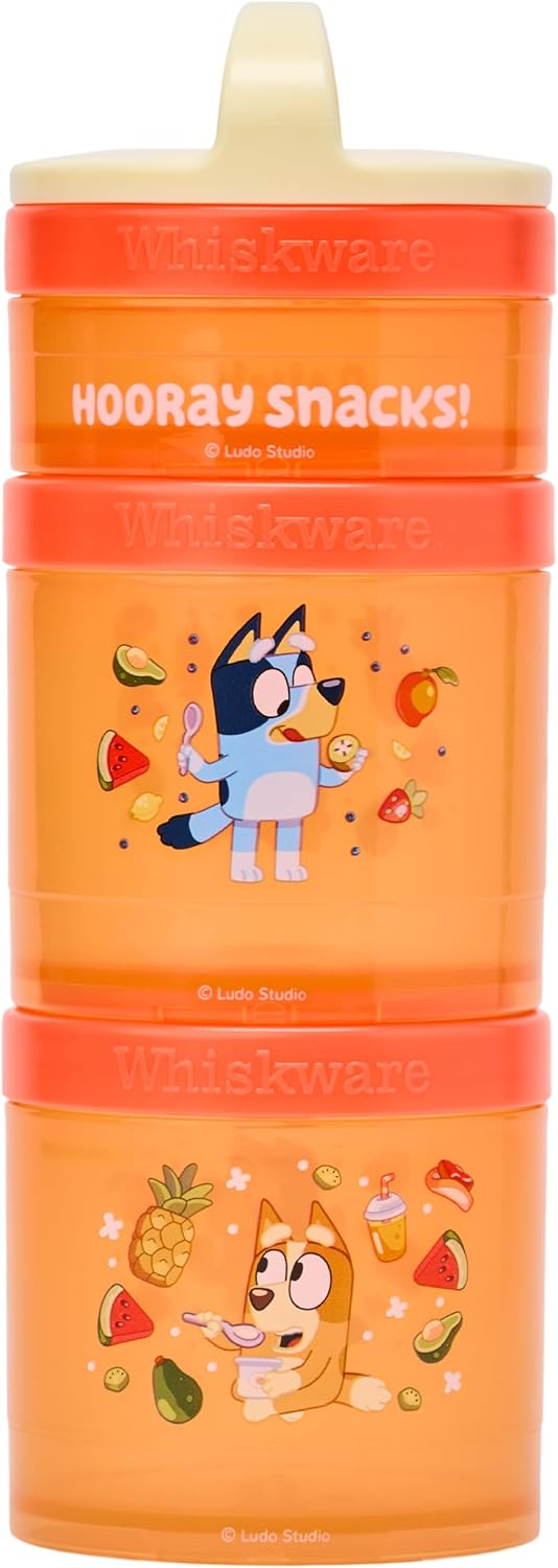 Whiskware Bluey Stackable Snack Containers for Babies, Toddlers, and Kids, 3 Stackable Snack Cups for School and Travel, Cupholder Friendly, Bluey and Bingo! Let’s Do This!