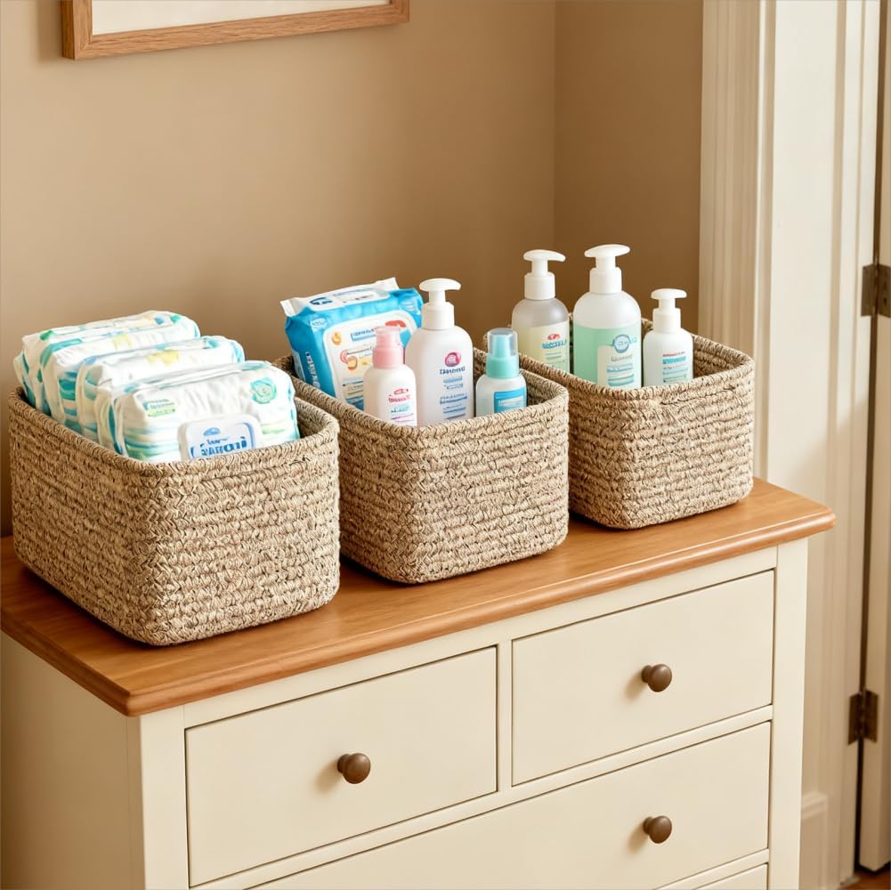 R RUNKA Small Cotton Rope Basket – Storage Bin for Organizing (10.6" x 6.7" x 6.7"), Bathroom Storage Basket for Shelf, Counter & Closet（Beige）