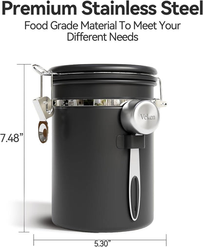 Veken Coffee Canister with Window, Family Choice Awards Winner, Airtight Stainless Steel Home Kitchen Food Storage Container with Lids for Grounds, Beans, Tea, Flour,Cereal,Sugar Jars,Scoop,16OZ,Black
