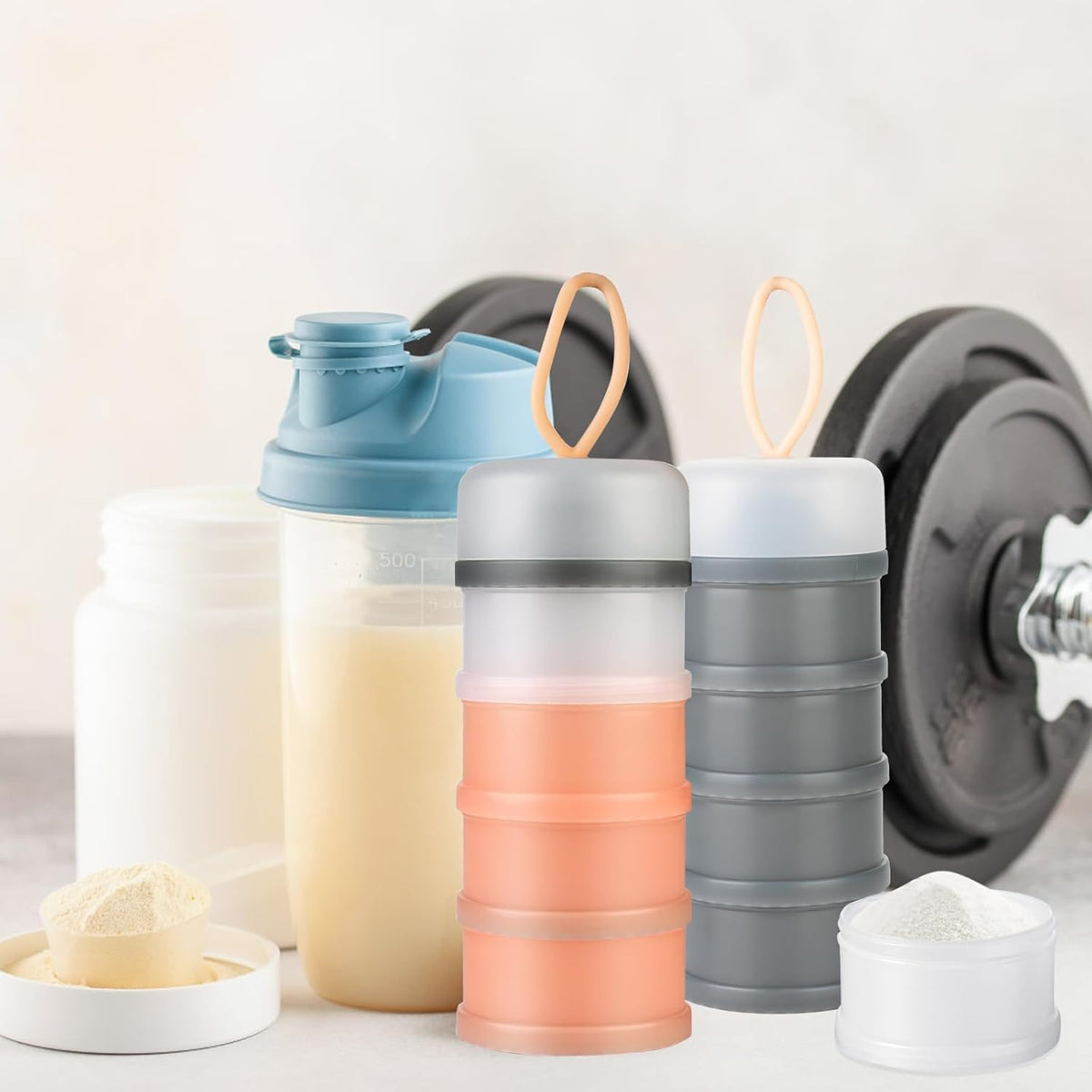 Ysglory 3 Packs Protein Powder Storage Container 4 Stackable Formula Dispenser Portable Protein Powder Travel Container Milk Powder Container to Go for Workout, Fitness, Travel (Gray,White,Blue)