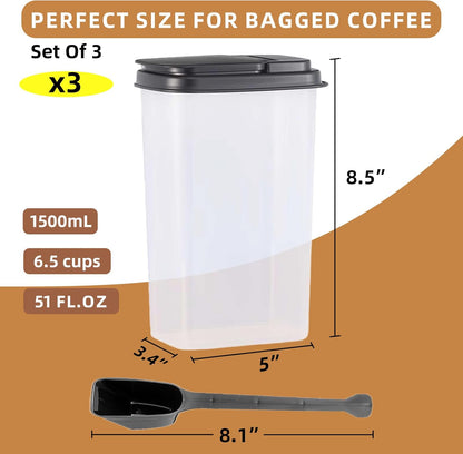 3-Pack Coffee Storage Containers with Scoop – Fit 12 oz Bags, Bag-in Design for Whole Beans & Ground Coffee – Translucent Stackable Canisters for Coffee, Tea, Sugar, Flour, Cereal – 51 oz