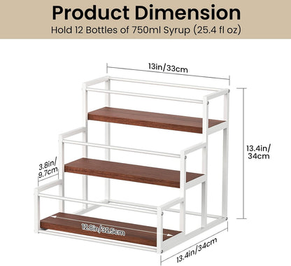 THYGIFTREE Coffee Syrup Rack Organizer 2-Tier 10 Syrup Bottles Holder Stand Metal with Wood Base for Coffee Bar Storage Shelves for Kitchen Countertop Matte Black